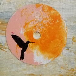 Ombre de colibri sur fond de peinture fluide O² vous propose une œuvre unique sur CD recyclé